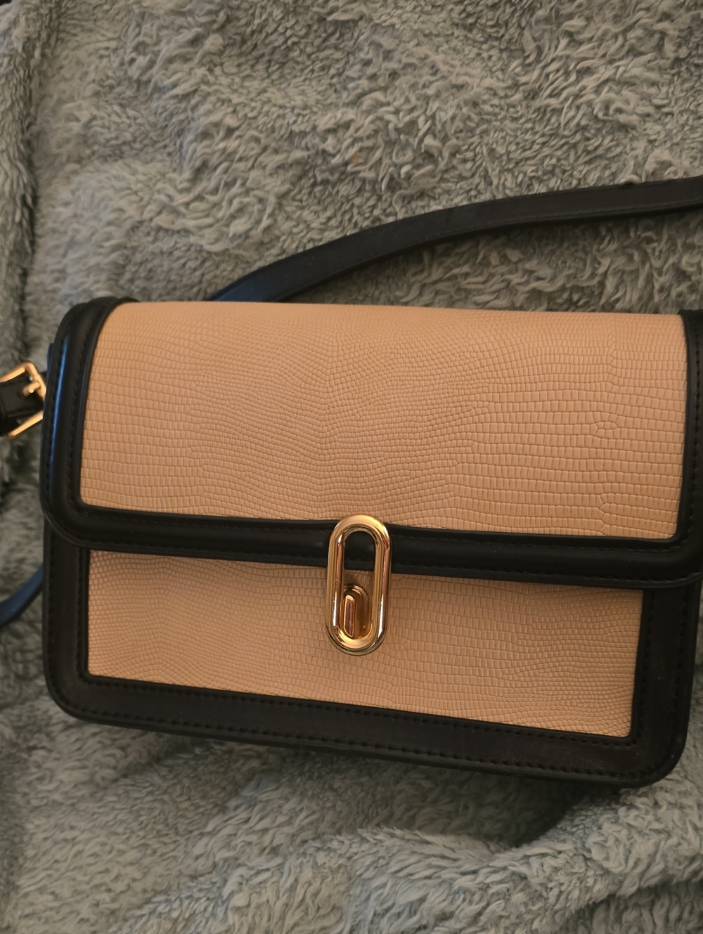 Neutral Beige and Black Crossbody Bag with Gold Accent